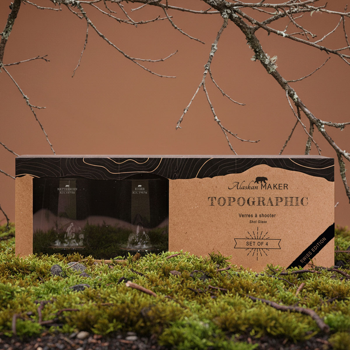 4 TOPOGRAPHIC Schnapsgläser - Handgeblasen Mit Berg-Reliefs